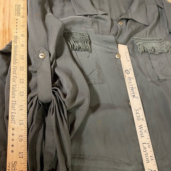 Tru Self Olive Green Silky Blouse with pockets, drawn-string & button-up sleeves - Picture 10 of 11